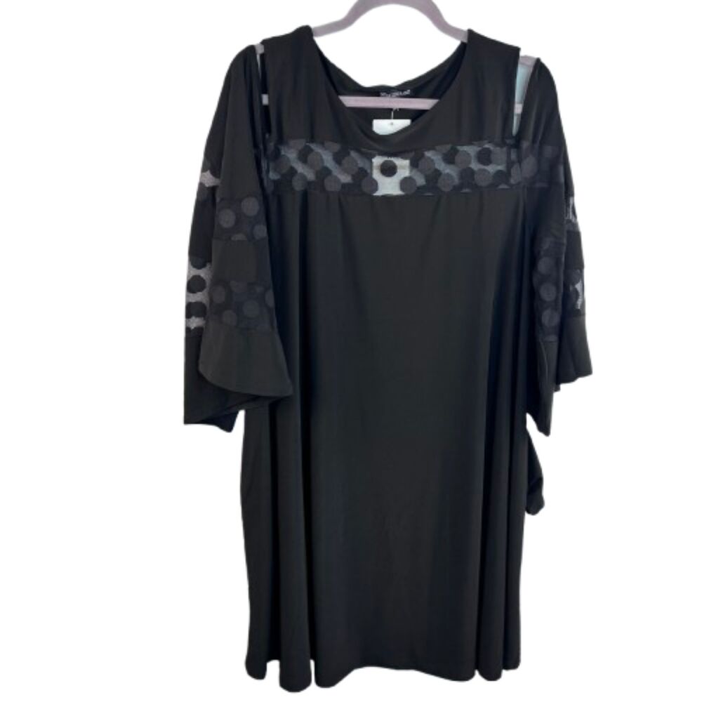 Nina Leonard NWT Black Cold Shoulder Polka Dot Mesh Contrast Flowy Dress Size 2X